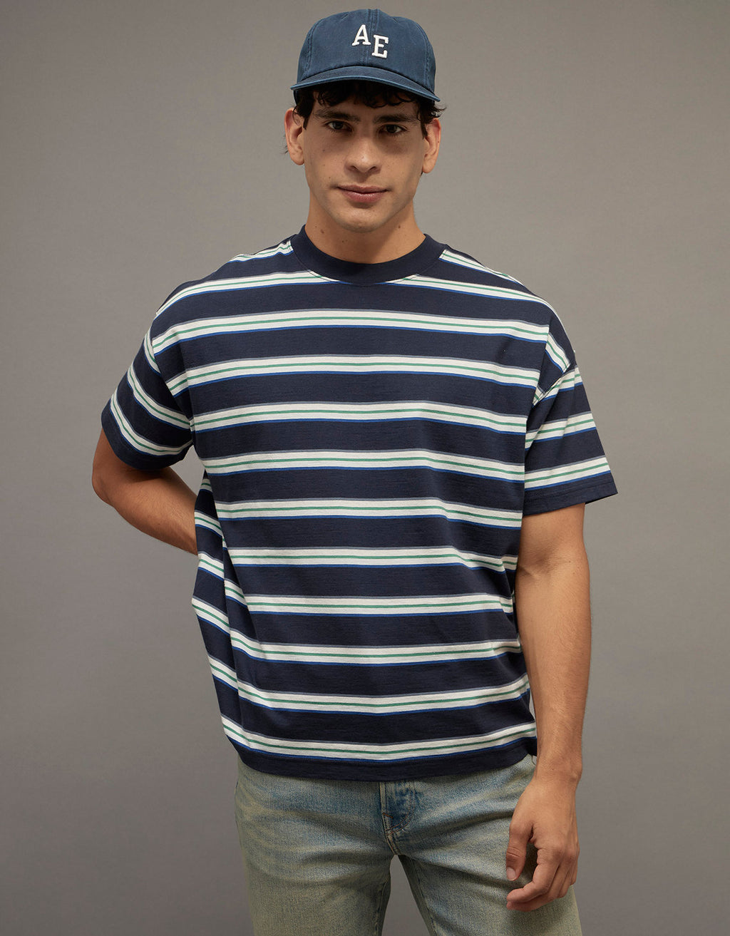 Camiseta Texturizada Relajada de Tejido Grueso Ae - Azul 1164_5327_410_of
