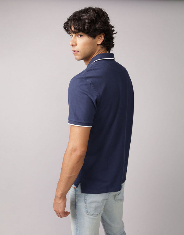 Polo de Piqué Elástico con Apariencia Desgastada para Hombre - Azul
