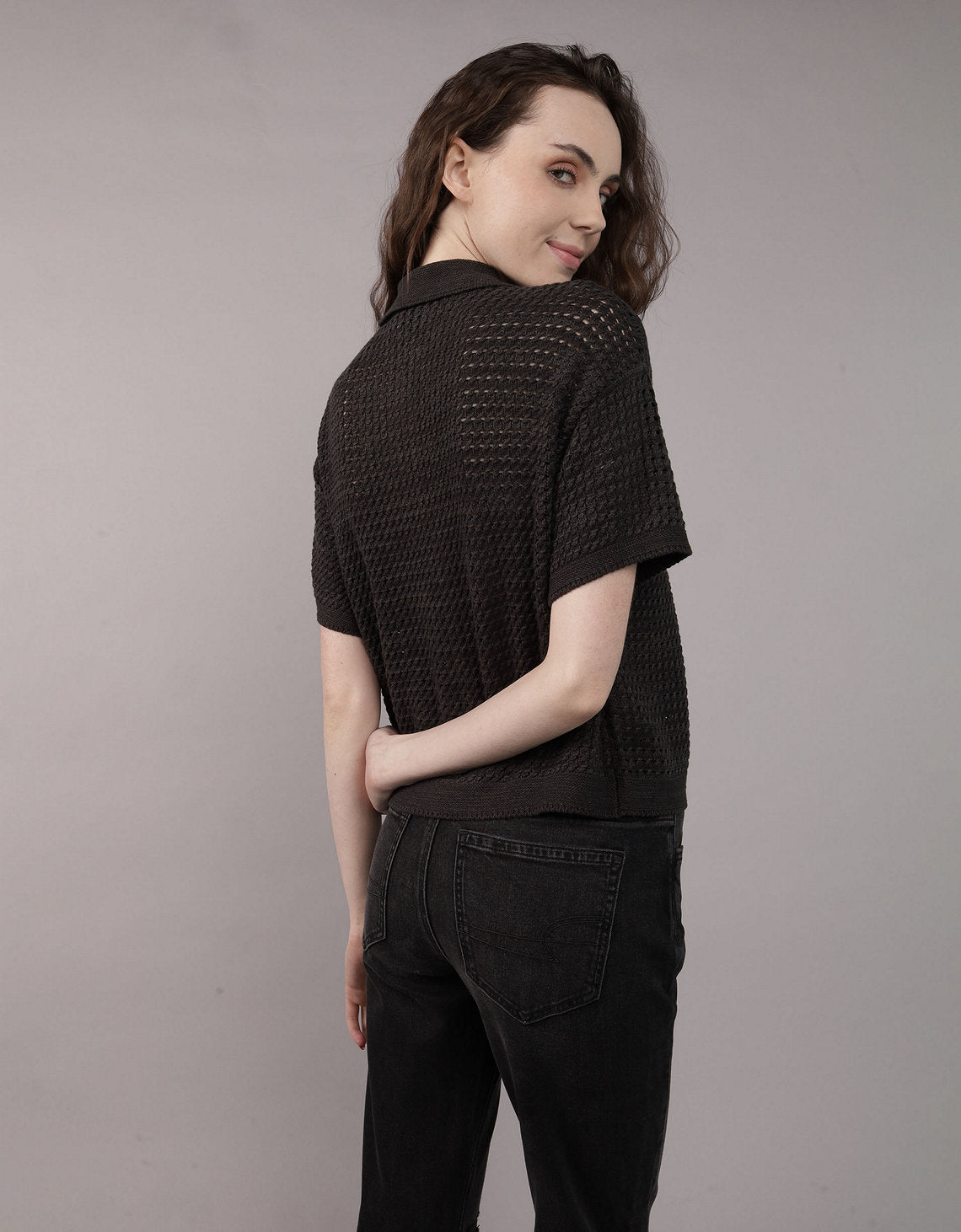 Camisa manga corta tejida de mujer AE - Negro 1340_1453_001_ob
