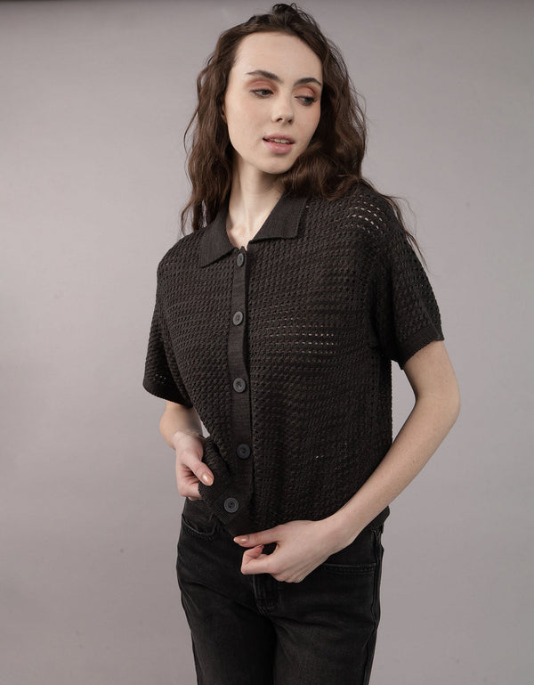 Camisa manga corta tejida de mujer AE - Negro