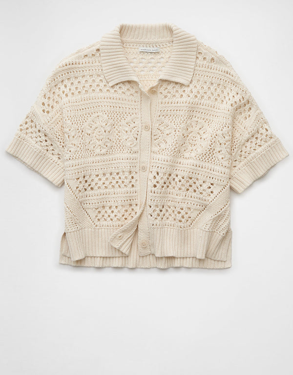 Suéter polo abotonado de crochet para mujer - Generico