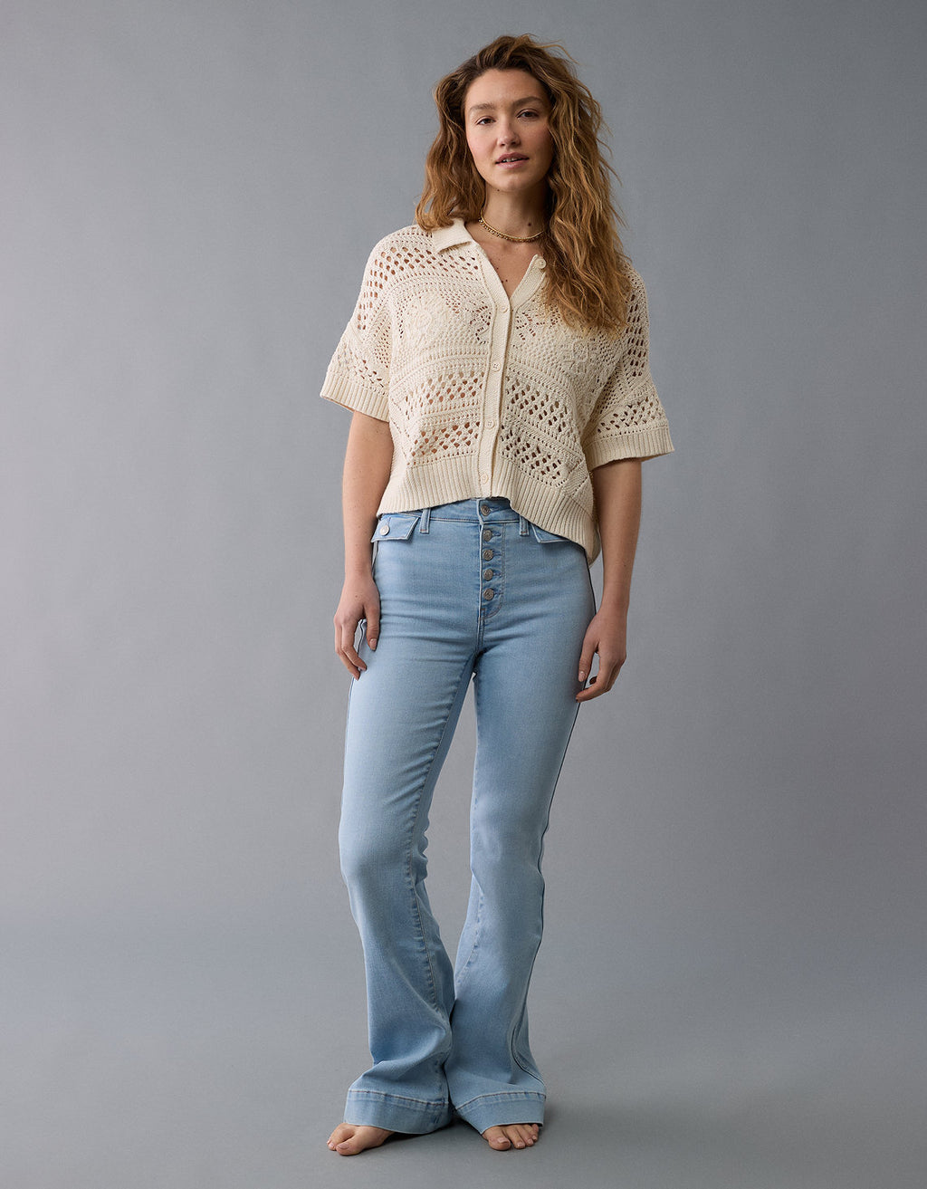 Suéter polo abotonado de crochet para mujer - Generico 1341_1472_106_os