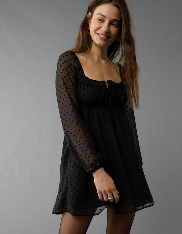AE Vestido Corto estilo Babydoll Holgado Manga Larga - Negro