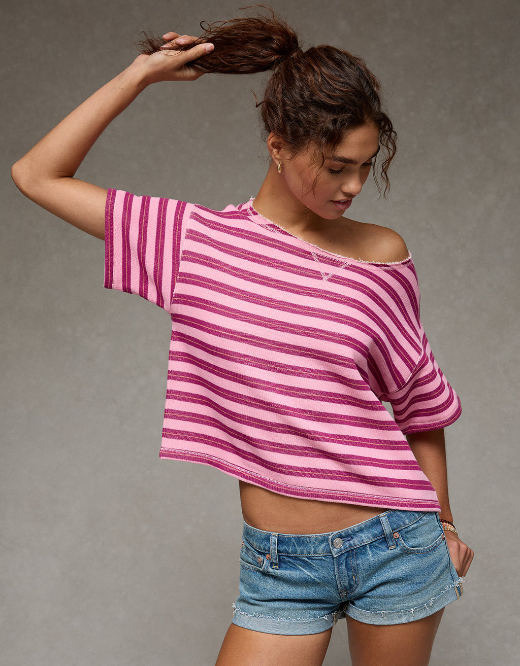 Sudadera de manga corta con escote descubierto - Rosa 1455_3089_615_of