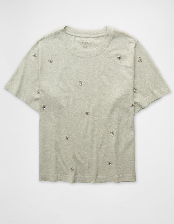 Camiseta de Cuello Redondo Adornada Ae - Gris