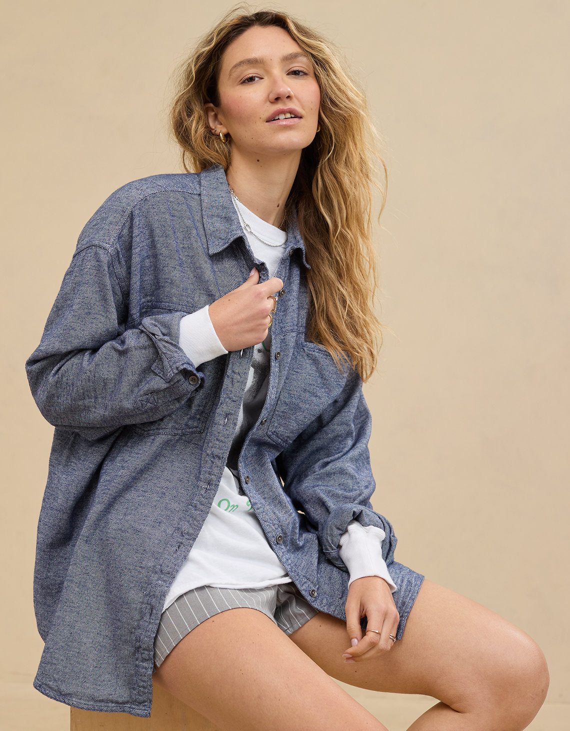 Camisa Oversized Manga Larga Mujer Aerie - Azul 1783_3623_410_os