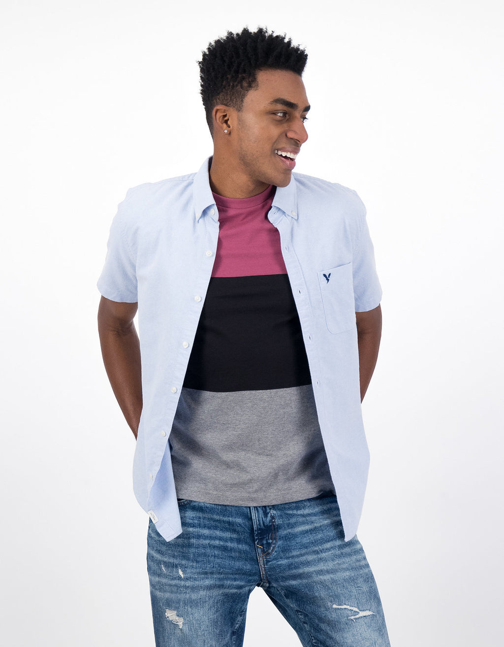 Camisa Oxford de Manga Corta con Botones - Azul 2154_2105_400_of
