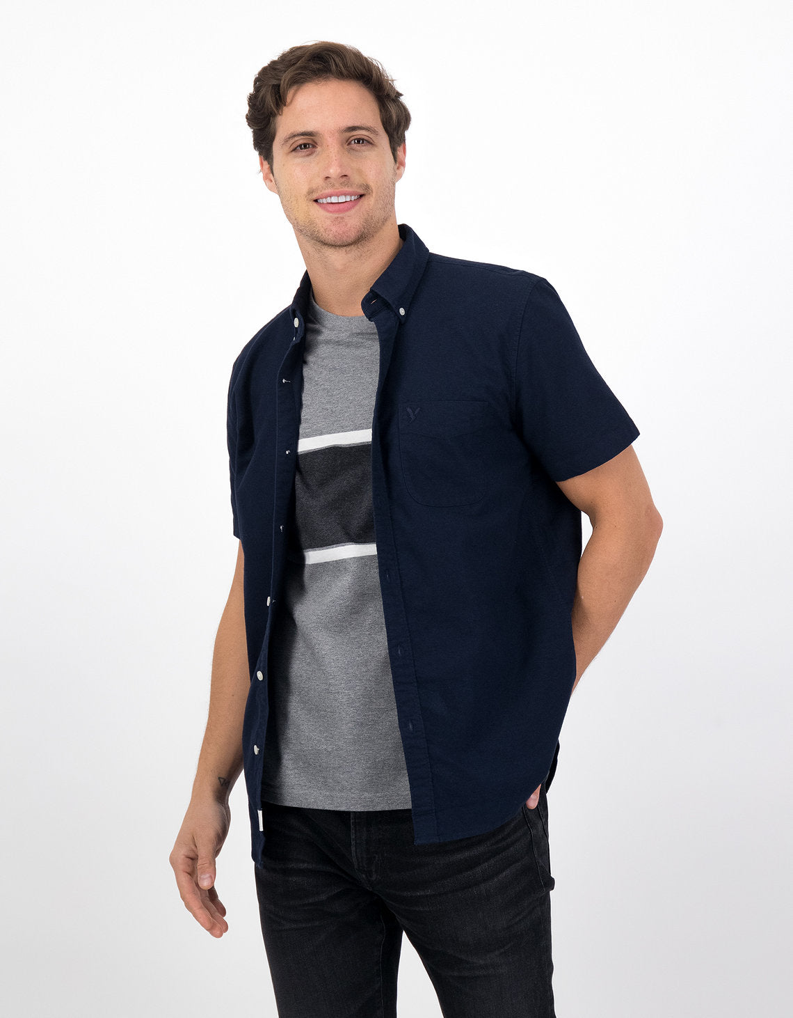 Camiseta AE Oxford con botones de manga corta - Azul 2154_2106_410_of