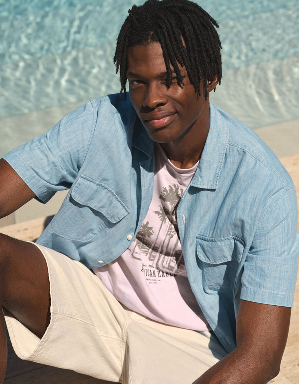 Camisa Camp Collar de manga corta y relaxed fit Ae - Azul