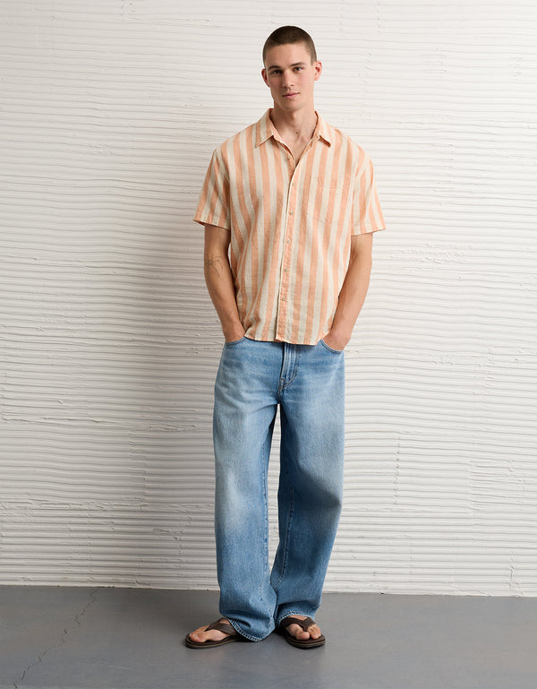 Camisa de lino con botones de ajuste estándar. - Naranja