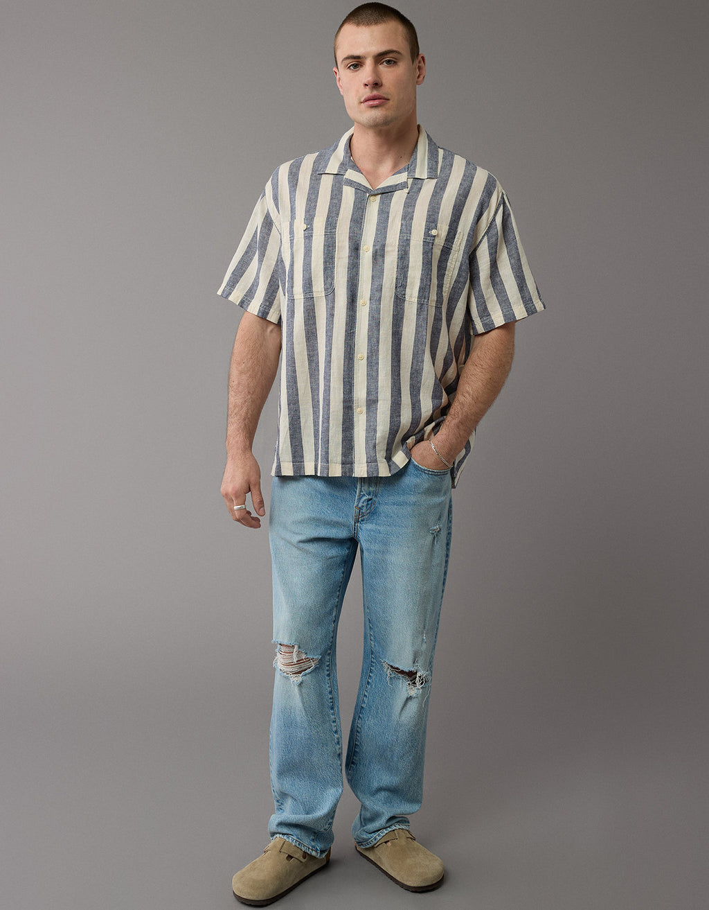 Camisa Manga Corta de Rayas Hombre AE - Gris 2154_6320_010_of