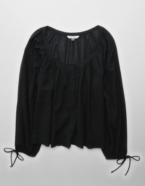 Blusa de Botones con Mangas de Lazo para Mujer - Negro