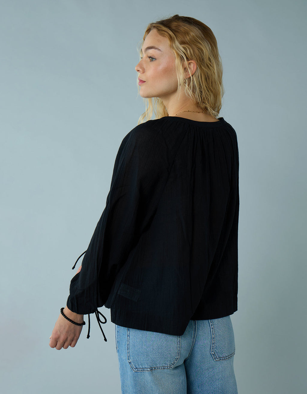 Blusa de Botones con Mangas de Lazo para Mujer - Negro 2351_6135_001_ob