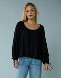 Blusa de Botones con Mangas de Lazo para Mujer - Negro 2351_6135_001_of