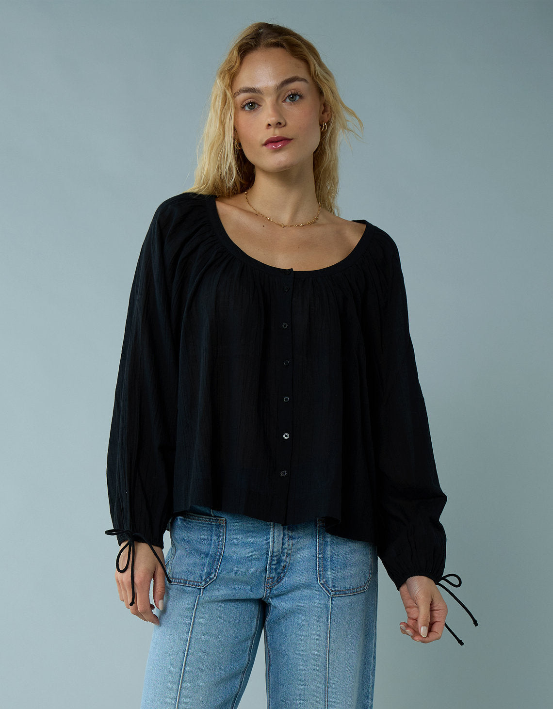 Blusa de Botones con Mangas de Lazo para Mujer - Negro 2351_6135_001_of