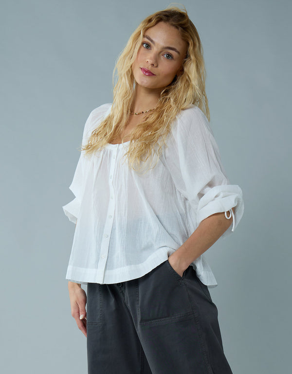Blusa de Botones con Mangas de Lazo para Mujer - Blanco