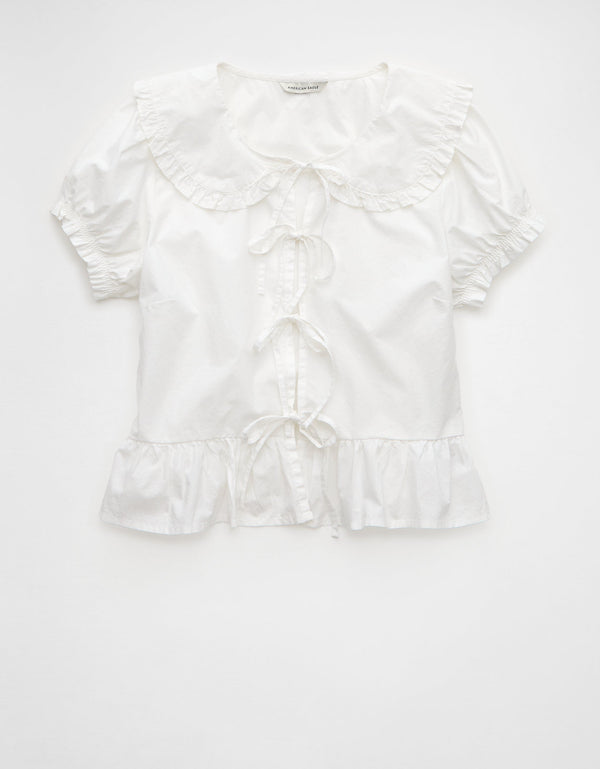 Blusa con cuello, mangas abullonadas y lazo delantero Ae - Blanco