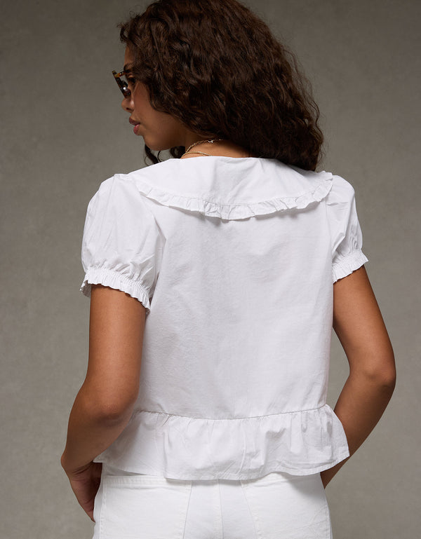 Blusa con cuello, mangas abullonadas y lazo delantero Ae - Blanco