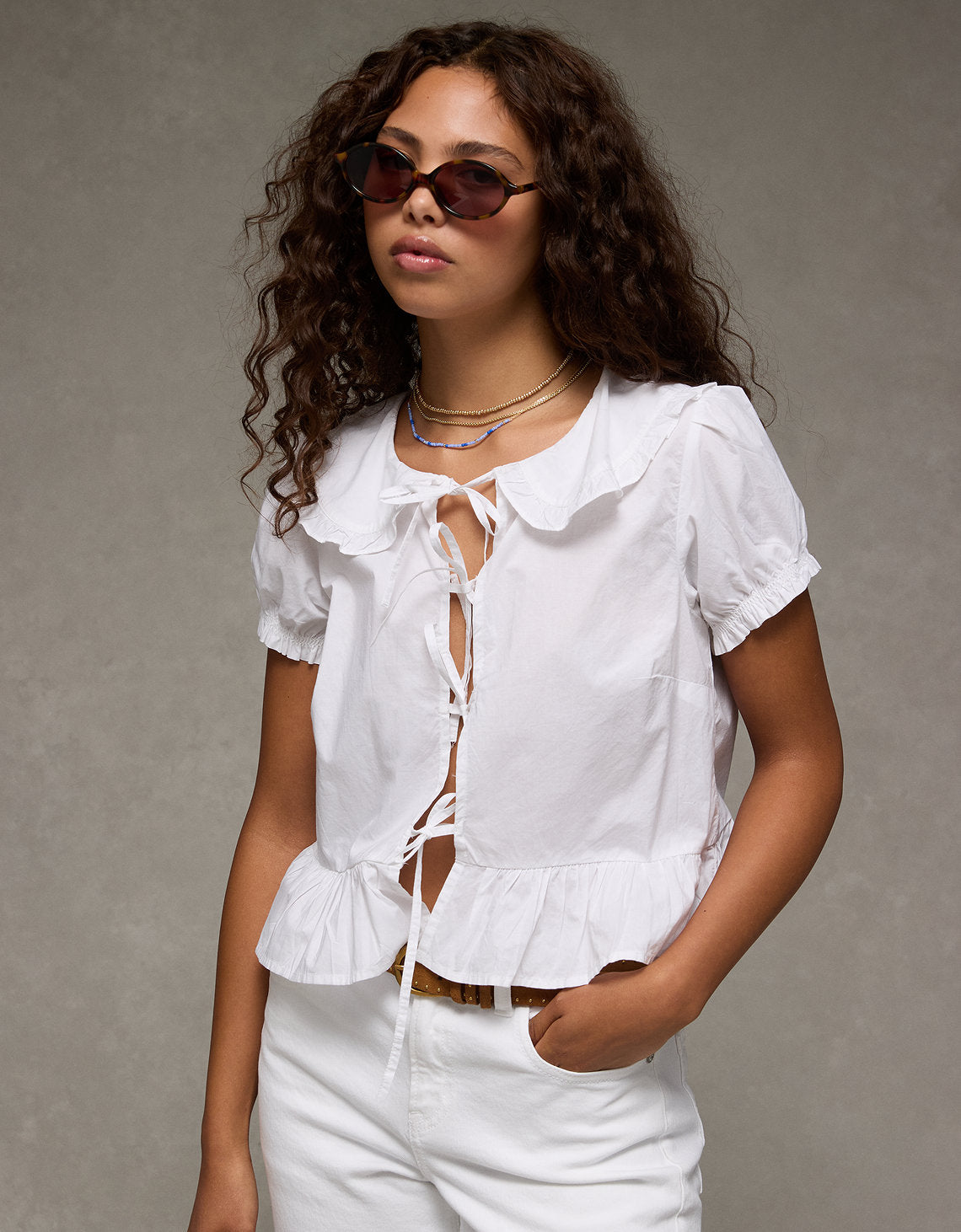 Blusa con cuello, mangas abullonadas y lazo delantero Ae - Blanco 2351_6324_100_of