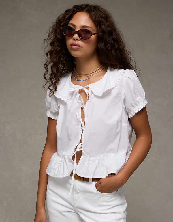 Blusa con cuello, mangas abullonadas y lazo delantero Ae - Blanco