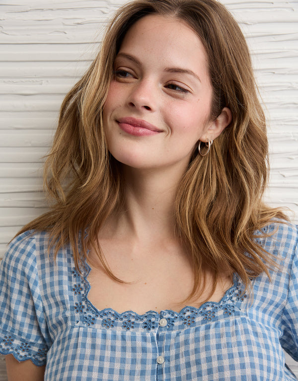 Blusa de manga corta con botones - Azul