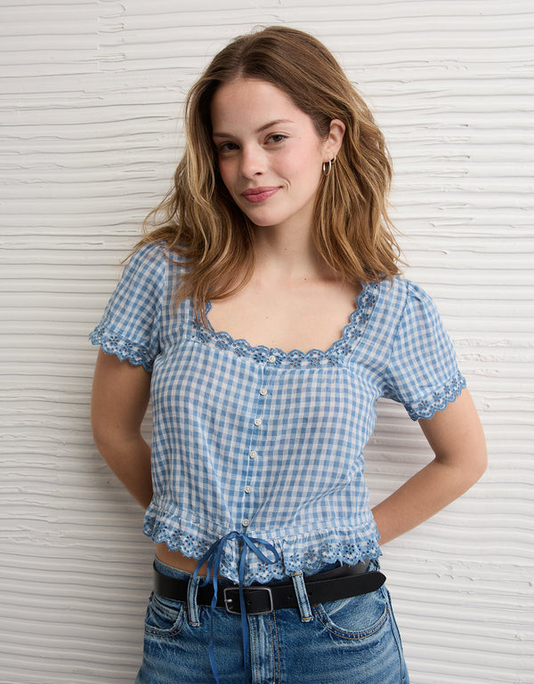 Blusa de manga corta con botones - Azul