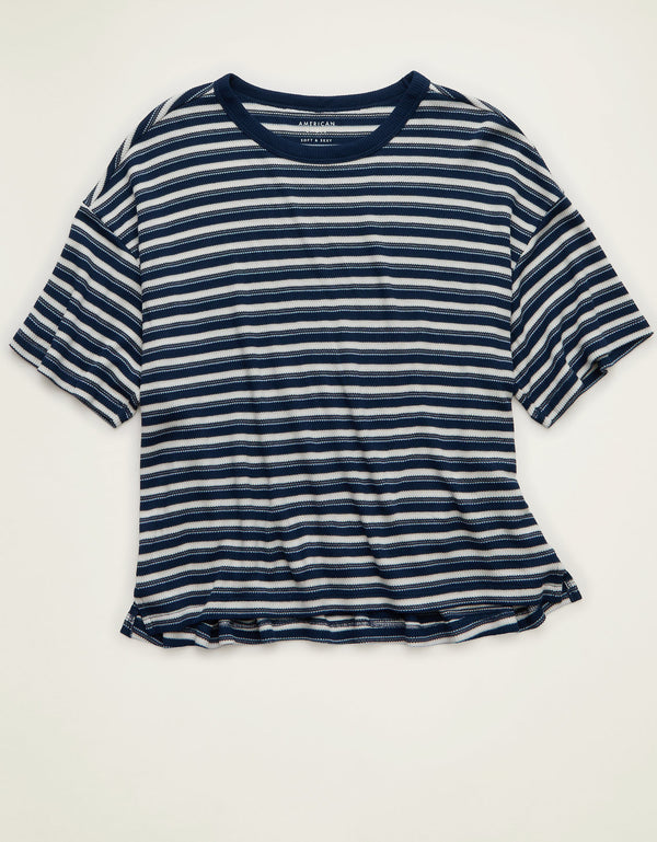 Camiseta de cuello redondo suave y sexy tipo waffle de AE - Azul