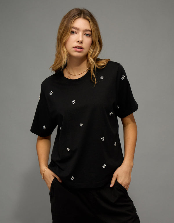 Camiseta de perlas y pedrería Ae - Negro