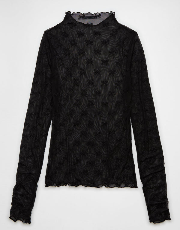 Camiseta de manga larga con cuello alto y lazo de malla Mujer AE - Negro