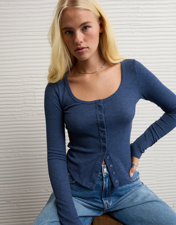 Camiseta Manga Larga con Botones Ae - Azul