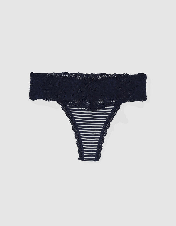 Tanga Aerie en algodón con encaje deshilado - Azul