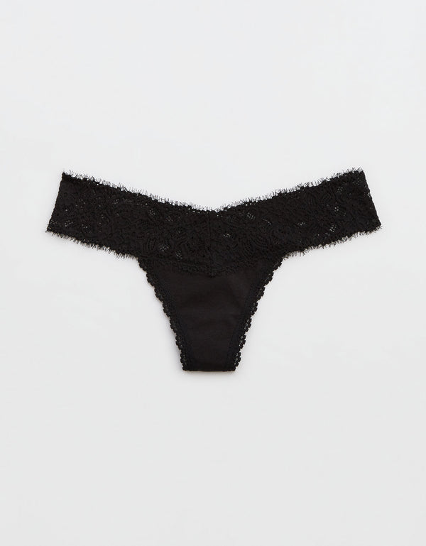 Tanga Aerie en algodón con encaje deshilado - Negro
