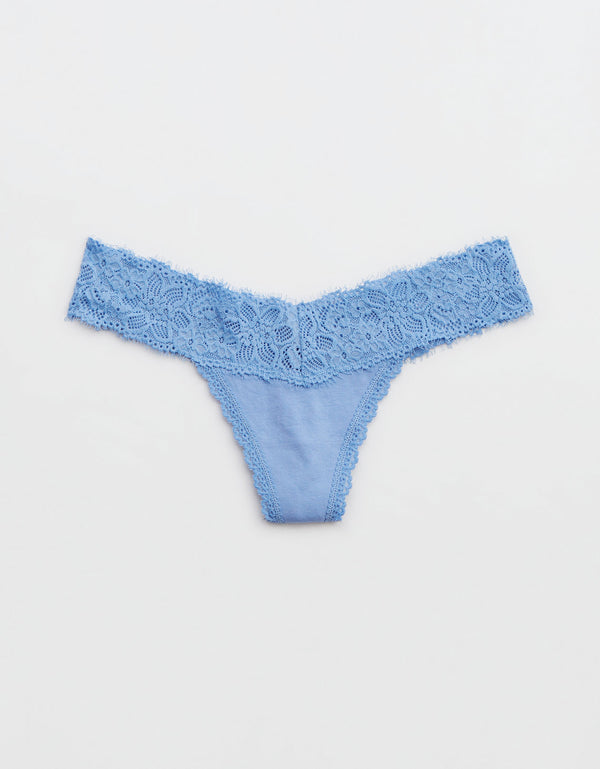 Tanga Aerie en algodón con encaje deshilado - Azul