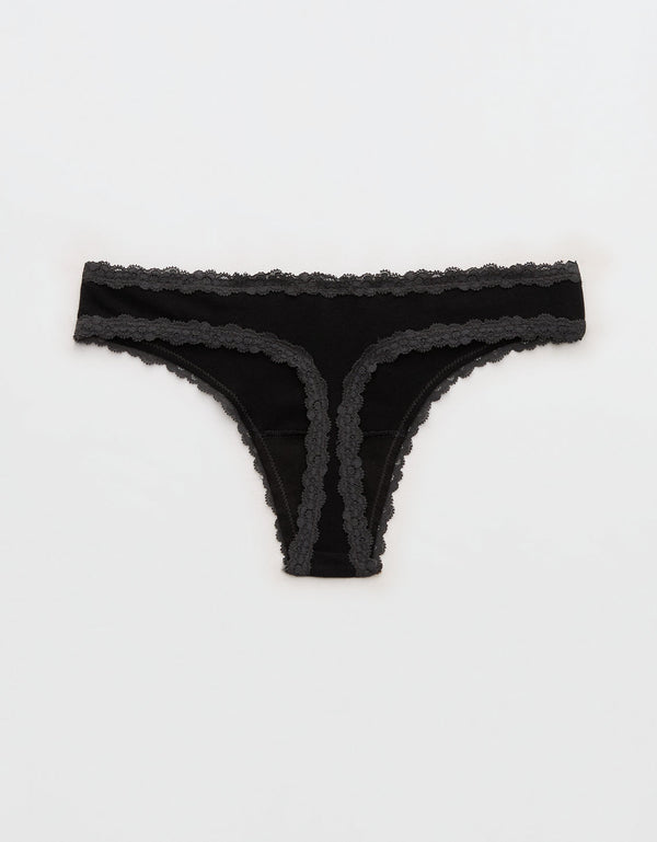Ropa interior tanga de algodón superchill con encaje - Negro