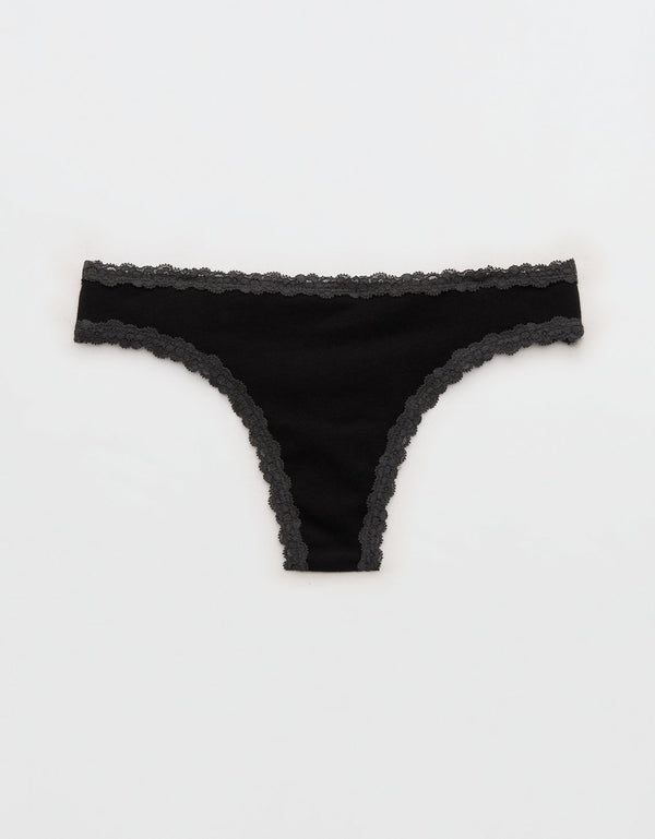 Ropa interior tanga de algodón superchill con encaje - Negro