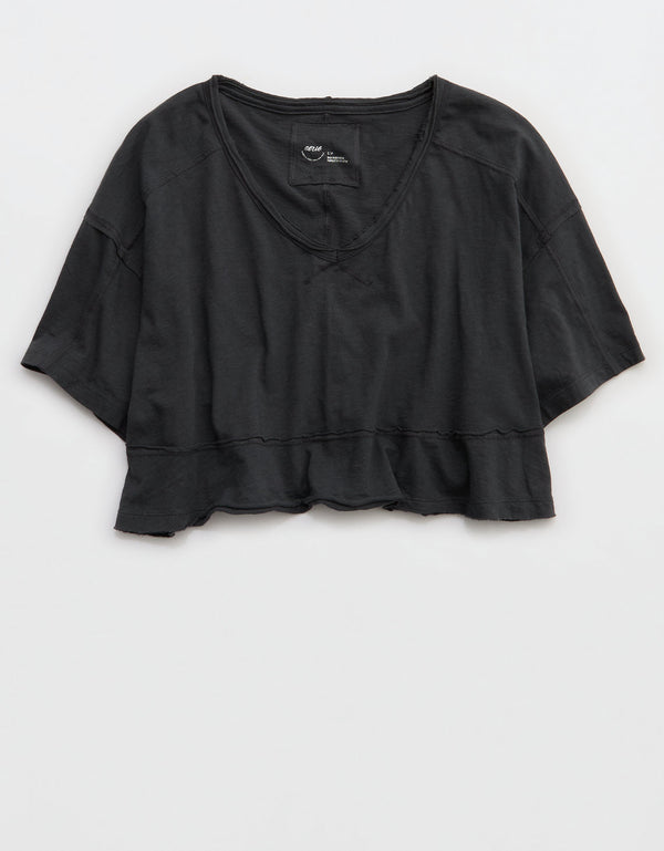 Aerie Cropped Camiseta de Cuello en V más Feliz - Gris
