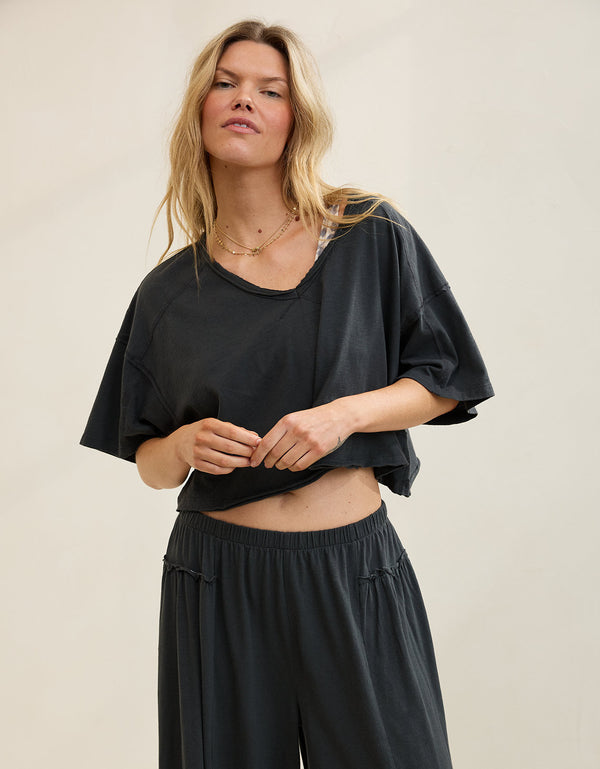 Aerie Cropped Camiseta de Cuello en V más Feliz - Gris 5496_4181_005_os