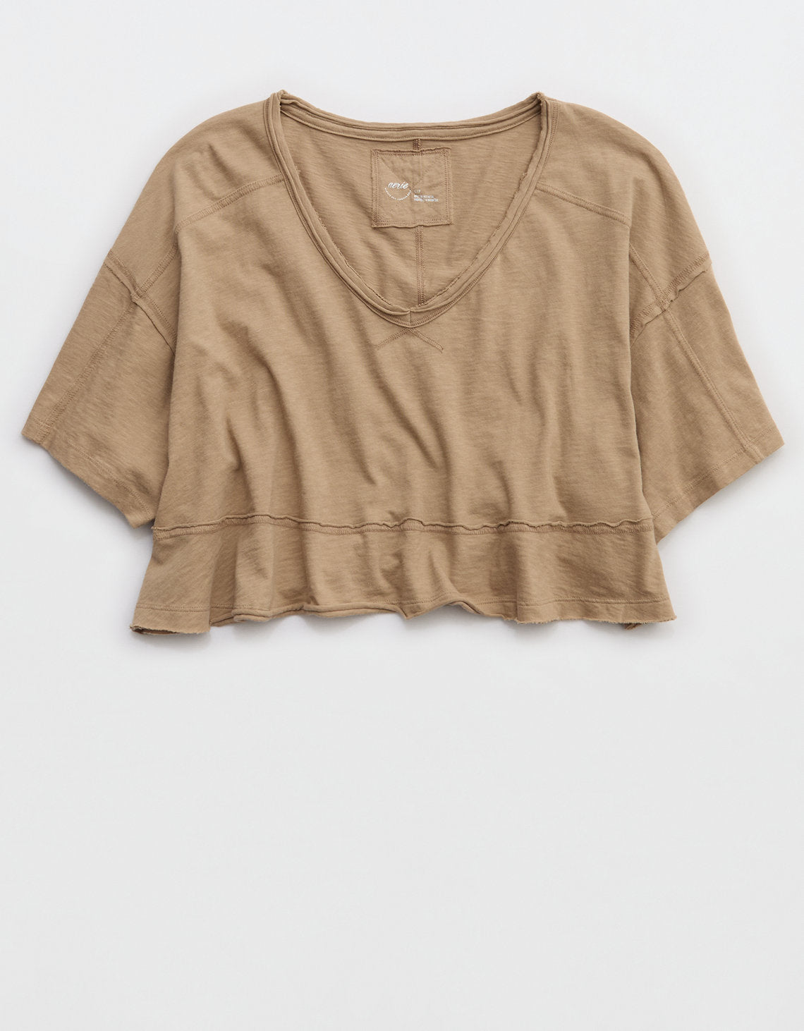 Aerie Cropped Camiseta de Cuello en V más Feliz - Caqui 5496_4181_238_f