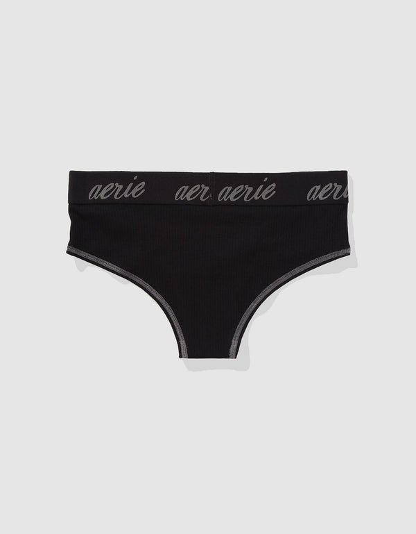 Panty Cheeky en Algodón Canalé con Logo Superchill de Aerie - Negro